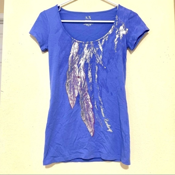 ARMANI EXCHANGE blue Feathers Printed Short Sleeve Tee women’s size XS - Picture 1 of 6